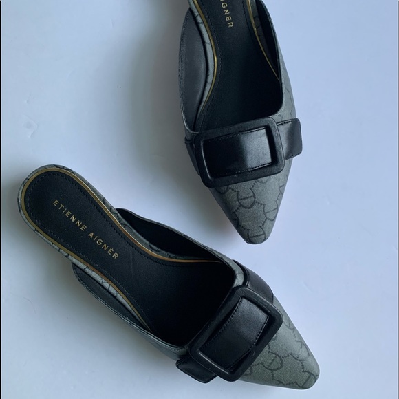 Leather Mules Etienne Aigner Womens Black & Gray 6 M Kitten Heel Shoes Slip On - Picture 1 of 6
